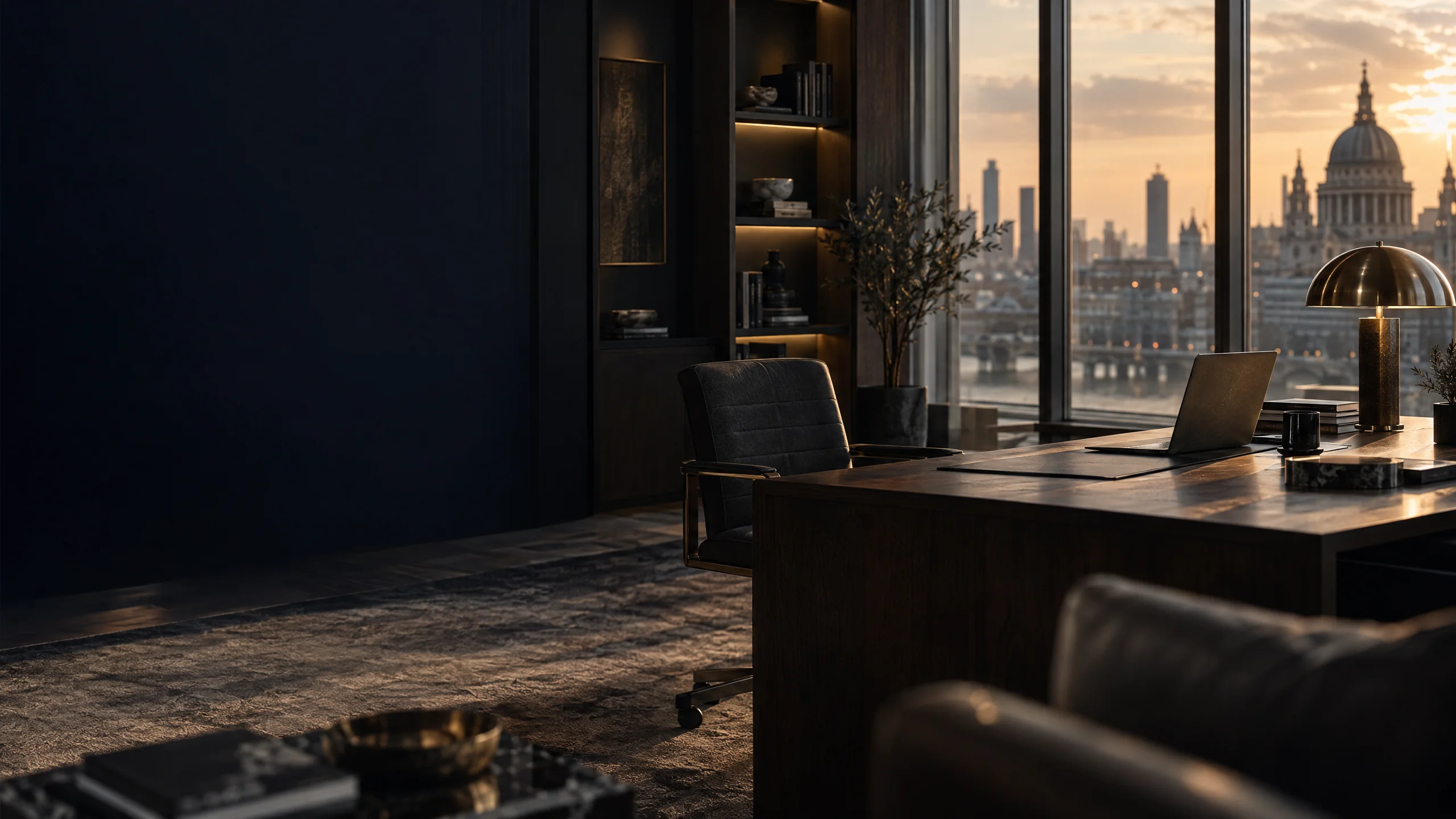 Refined executive workspace at golden hour